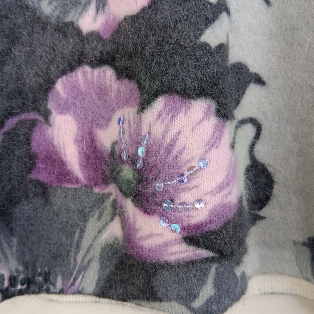Cache Sweater Women Large Lambswool Angora Floral Gray Soft Classy Sophisticated - Picture 4 of 6